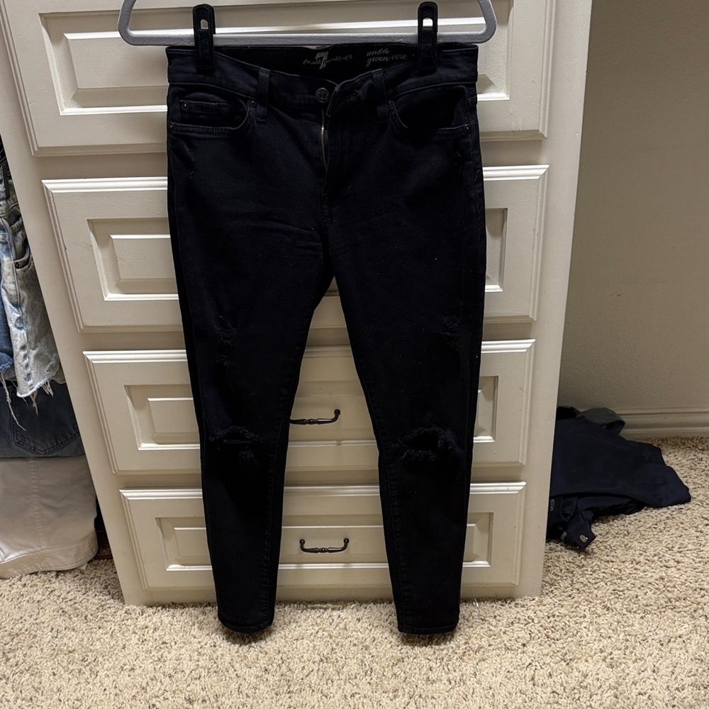 7 for all mankind black ripped skinny jeans